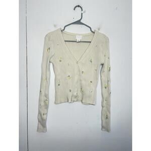 Hm Sweater Womens M Flowers Cardigan Button Up Cropped Thick Ribbed Cottagecore